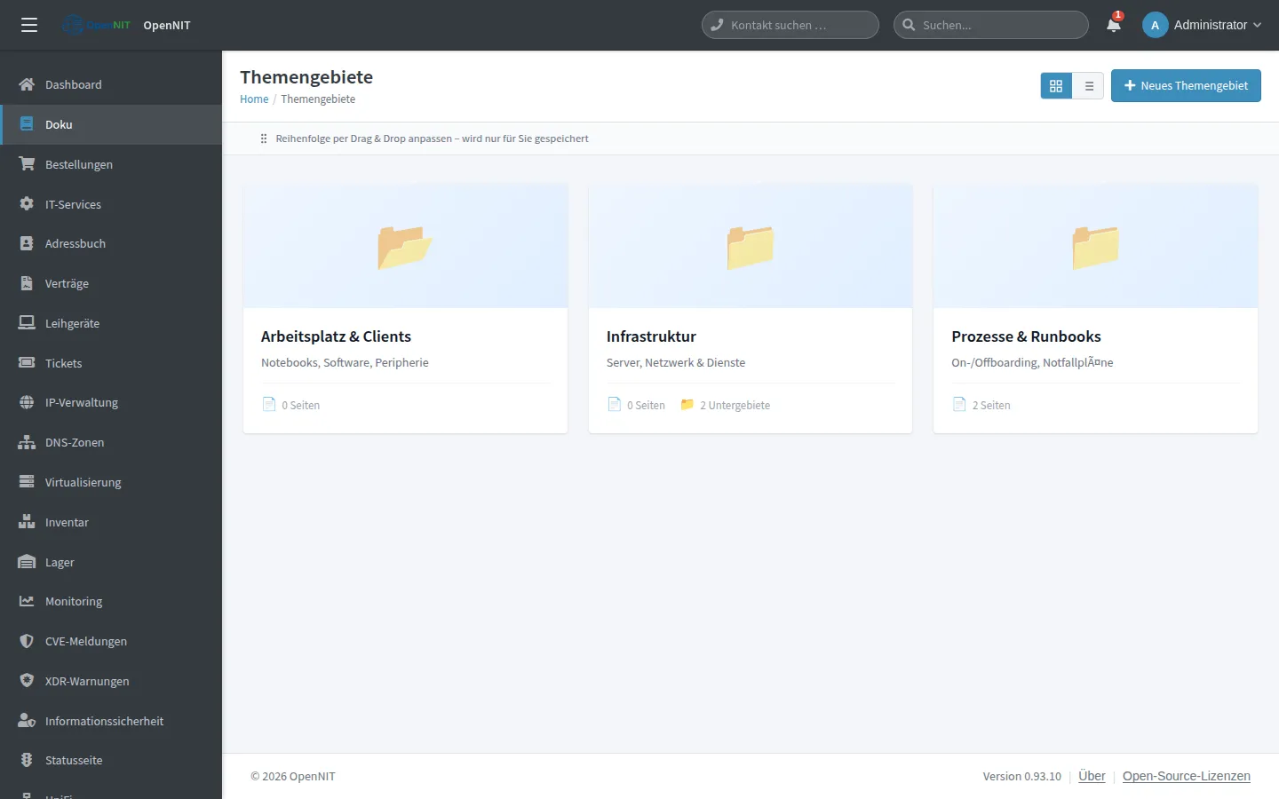 Screenshot: Dokumentation – Themen, Seiten & Versionsverlauf