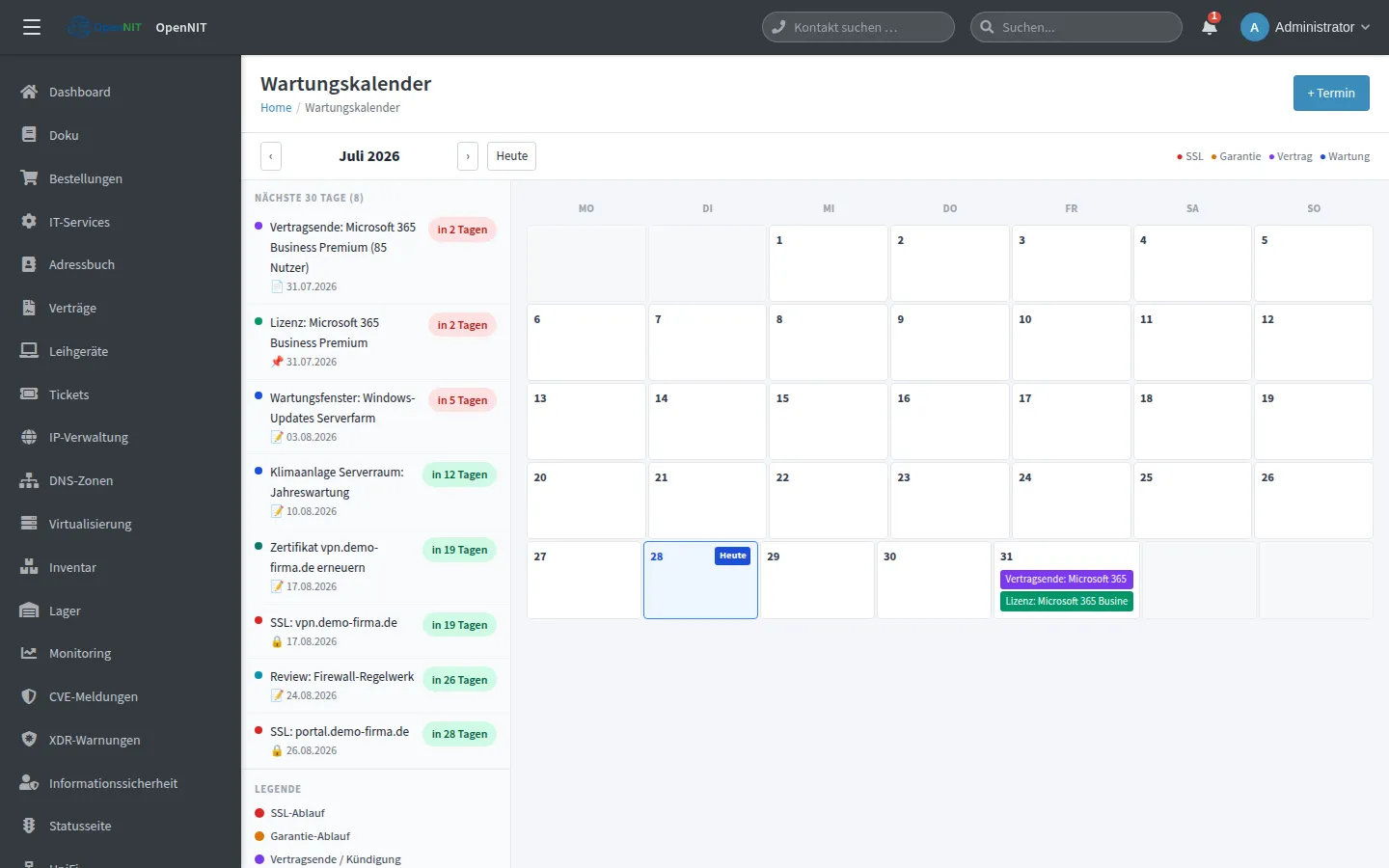 Screenshot: Wartungskalender – Termine aus allen Modulen